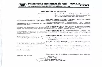 MUNICÍPIO DECLARA LUTO OFICIAL - FALECIMENTO DO SR. EVERALDO MANFRON