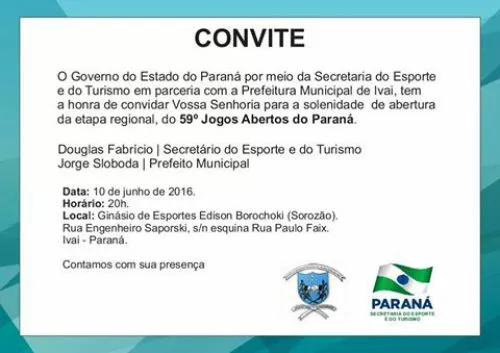 Convite para a solenidade de abertura da etapa regional do 59º Jogos Abertos do Paraná
