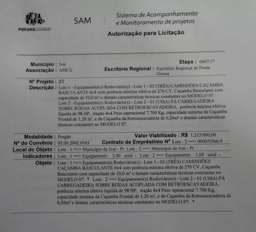 IVAÍ TERÁ MAIS TRÊS CAMINHÕES E UMA MAQUINA